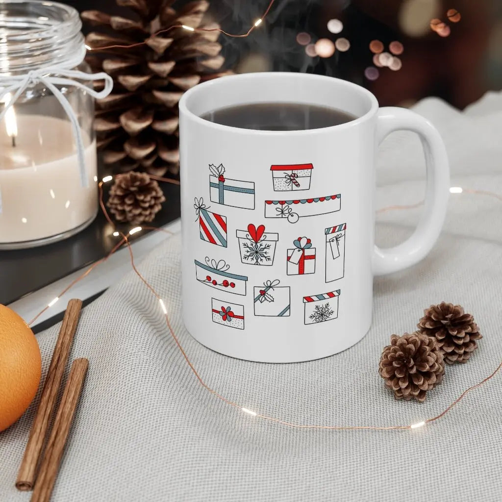 Merry Christmas Mug with Stockings and Presents Yellow Pandora